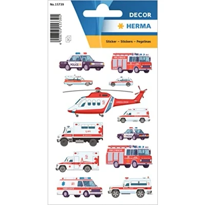 Abbildung von HERMA 15739 Aufkleber Rettungsfahrzeuge klein, 36 Stück, Auto Sticker mit Blaulicht Rettungswagen Feuerwehr Hubschrauber Polizeiauto Motiv, Kinder Etiketten für Fotoalbum Tagebuch Scrapbooking Deko