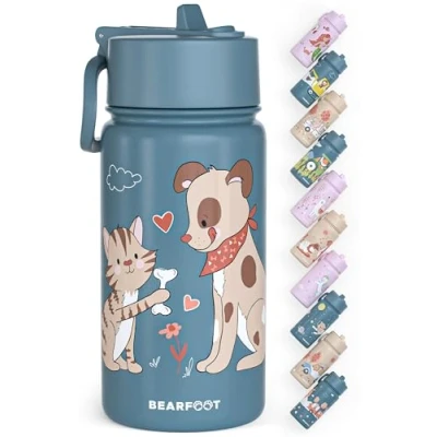 Abbildung von BEARFOOT Trinkflasche Kinder Edelstahl mit Strohhalm Thermosflasche 400ml BPA frei auslaufsicher Kleinkinder, Mädchen &amp; Jungen Wasserflasche für Schule, Kindergarten (Blau Hund Katze)