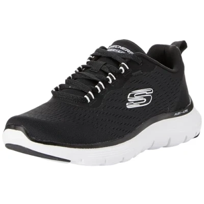 Abbildung von Skechers Damen Flex Appeal 5.0 Low Top Sneaker, Schwarzes Netzgewebe, weißer Rand, 35 EU