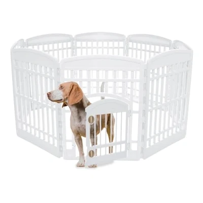 Abbildung von Iris Ohyama Welpenauslauf mit 8 Paneelen und abschließbarer Tür, H90cm, Weiß, Katzengehege, Hundebox, Für Outdoor, Indoor, Welpenlaufstall, Hundezaun, Welpenzaun, Laufstall Hund, CI 908