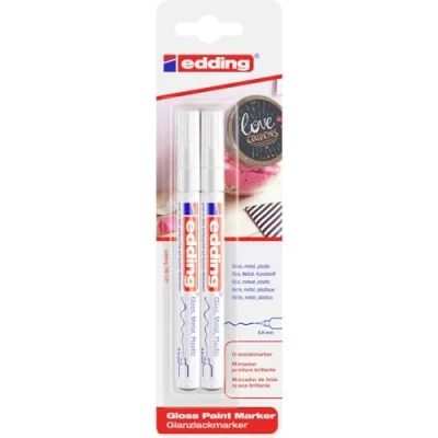 Abbildung von edding 780 Glanzlackmarker weiß Packung mit 2 Lackmarkern extra feine Rundspitze 0,8 mm Lackstift für Glas, Stein, Holz, Kunststoff und Papier wasserfest, stark deckend, sehr dünn