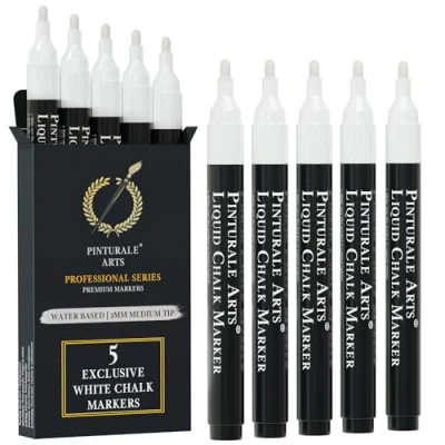 Abbildung von Pinturale Arts Set 5 Kreidestift Weiß 2mm Spitze Kreidemarker Weiss Kreidestifte Für Tafel Abwaschbar, Fenster, Glas, Metall, Keramik Chalk Marker