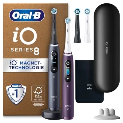 Abbildung von Oral B iO Series 8 Plus Edition Elektrische Zahnbürste/Electric Toothbrush, Doppelpack +3 Aufsteckbürsten inkl. Whitening + Magnet Etui, 6 Putzmodi, Designed by Braun, Geschenk Mann/Frau, Black/Violet