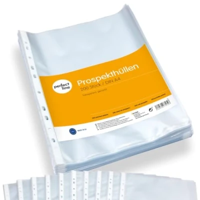 Abbildung von perfect line 200 Prospekthüllen DIN A4, Klarsichtfolien transparent, genarbt, dokumentenecht, säurefrei (1 x Stk.)
