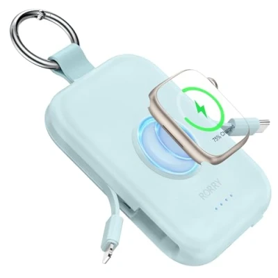 Abbildung von RORRY Power Bank, 5000mAh Externe Handy Akkus mit eingebauten Kabeln, Schlüsselanhänger Powerbank Kompatibel iPhone 16/15/14/13/12 und für Apple Watch 9/Ultra 2/8/Ultra/7/6/Se/5/4, Blau