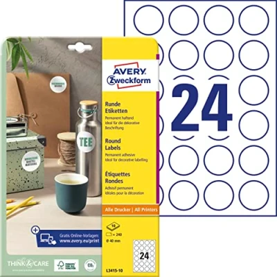 Abbildung von AVERY Zweckform Runde Etiketten L3415 10 (240 Aufkleber auf Blatt, zum Bedrucken, selbstklebend, Ø 40 mm, A4, Klebepunkte Kennzeichnen von Unterlagen, Produkten) weiß