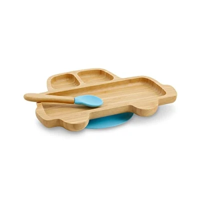 Abbildung von BIOZOYG Bambus Teller Set Auto I Saugnapf mit Löffel FSC zertifiziert süßes Holz Schüssel Kleinkind Kinder &amp; Snack Schale Baby Geschirr blau