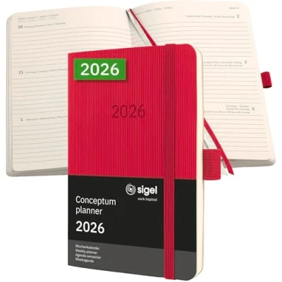 Abbildung von SIGEL C2635 Wochenplaner Wochenkalender 2026, ca. A6, rot, Softcover, 176 Seiten, Gummiband, Stiftschlaufe, Archivtasche, aus nachhaltigem Papier, Kalenderbuch Conceptum