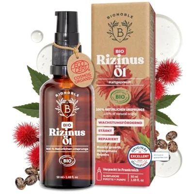 Abbildung von Bionoble Rizinusöl Bio 50ml 100% Rein, Natürlich, Kaltgepresst Wimpern, Augenbrauen, Haare, Bart, Nägel Vegan und Cruelty Free Castor Oil Glasflasche + Pipette Pumpe