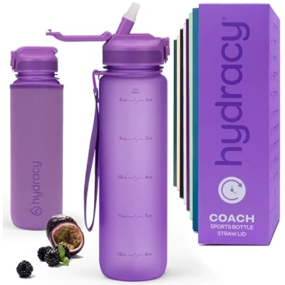 Abbildung von Hydracy Trinkflasche mit Strohhalm und Zeitmarkierung 1L Wasserflasche BPA freie Auslaufsichere Sportflasche Kondensationsfrei für Sport Outdoor