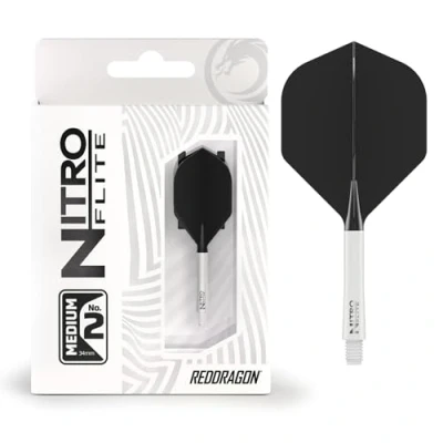 Abbildung von RED DRAGON Darts Nitro Flite Integriert Flüge &amp; Schäfte System No.2 Form und Design Weiß Schwarz Farbe, Medium Länge
