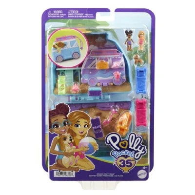 Abbildung von POLLY POCKET Urlaub am Hundestrand Schatulle Roadtrip Abenteuer mit 2 Puppen, 12 Accessoires ultimativer Campingplatz Meer, Lagerfeuer und Rettungsschwimmerturm, für Kinder ab 4 Jahren, HRD36