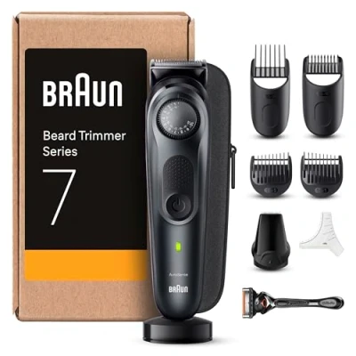 Abbildung von Braun Barttrimmer, Bartschneider/Trimmer/Haarschneider Herren, Haarschneidemaschine Profi (recycelbare Verpackung), 40 Einstellungen, Ladestation, Reiseetui, Bartschablone, BT7441