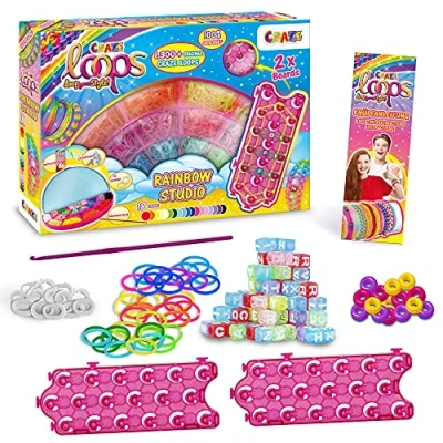 Abbildung von CRAZE LOOPS Rainbow Studio Loom Bänder XXL Set mit 1300+ Gummibänder und viel Zubehör Kinder Bastelset Halsketten, Ringe Armbänder selber machen