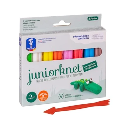 Abbildung von Feuchtmann JUNiORKNET Basic+ Knetset 8x33g weiche Kinderknete in Stangen mit Modellierwerkzeug vegane glutenfreie Spielknete Nicht trocknende Knete ungiftige Modelliermasse Kinder