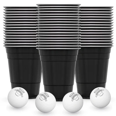 Abbildung von RedCupShop® Beer Pong Becher Schwarz 50er Set + 4 Bälle Wiederverwendbare (473ml / 16oz) Spülmaschinenfest &amp; BPA frei Partybecher für Beerpong Trinkspiele