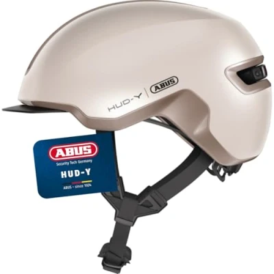 Abbildung von ABUS Urban Helm HUD Y mit magnetischem, aufladbarem LED Rücklicht &amp; Magnetverschluss cooler Fahrradhelm für den Alltag Damen und Herren Beige Matt, Größe M