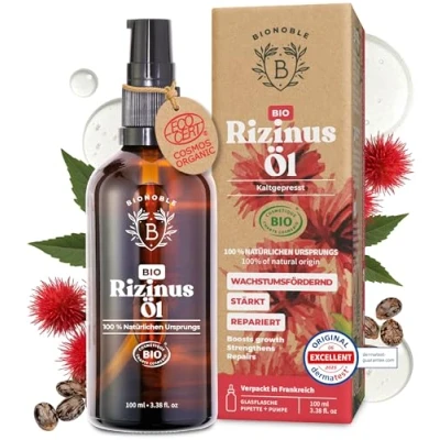 Abbildung von Bionoble Rizinusöl Bio 100ml 100% Rein, Natürlich, Kaltgepresst Wimpern, Augenbrauen, Haare, Bart, Nägel Vegan und Cruelty Free Castor Oil Glasflasche + Pipette Pumpe