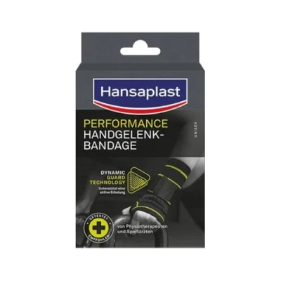 Abbildung von Hansaplast Performance Handgelenk Bandage, Handgelenkstütze stabilisiert &amp; entlastet das Gelenk, Handgelenkschoner für rechtes linkes unterstützt die aktive Erholung, Größe L/XL