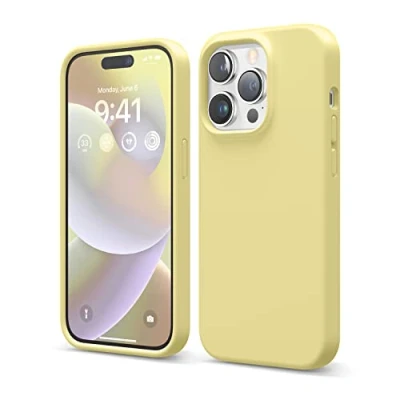 Abbildung von elago Schutzhülle für iPhone 14 Pro, Flüssigsilikon, Ganzkörper Schutzhülle, stoßfest, schlanke Handyhülle, kratzfestes weiches Mikrofaserfutter, 15,5 cm (6,1 Zoll), Gelb
