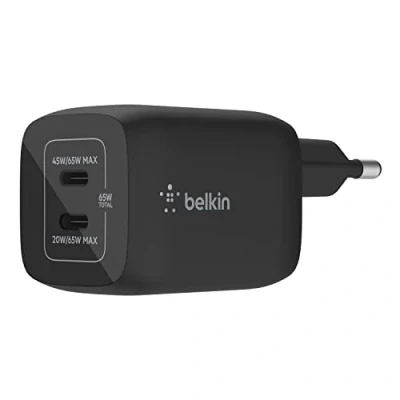 Abbildung von Belkin 65 W USB C Ladegerät mit 2 Ports, Schnellladen Power Delivery 3.0 und GaN Technologie für iPhone 16/15, Plus, Pro, Pro Max, iPad Air, MacBook, Galaxy S24, Ultra, Tab, Pixel, usw.