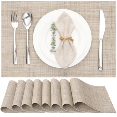 Abbildung von Myir JUN Tischsets Abwaschbar 8er Set, Gewebte Platzdeckchen rutschfest Abgrifffeste Hitzebeständig, Vinyl Platzsets für küche Speisetisch Hotel, Platz Matten 30x45cm (Gelb)