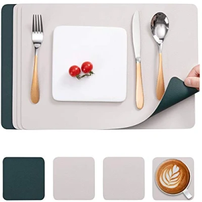 Abbildung von Myir JUN Tischsets Abwaschbar und Untersetzer, Leder Platzdeckchen Platzset Abwischbar Doppelseitigen Umkehrbares Tischset rutschfest Lederoptik