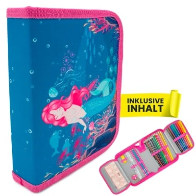 Abbildung von itenga Schüler Etui 28 teilig gefüllt 1 Zipper Federmäppchen für Jungen und Mädchen (Meerjungfrau)