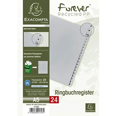 Abbildung von Exacompta 1743B Recycling Kunststoff Register 24 Blatt mit bedruckten Taben A Z für DIN A5 volle Höhe Ringbuchordner Plastikregister die ideale Ablage von Dokumenten Blauer Engel grau