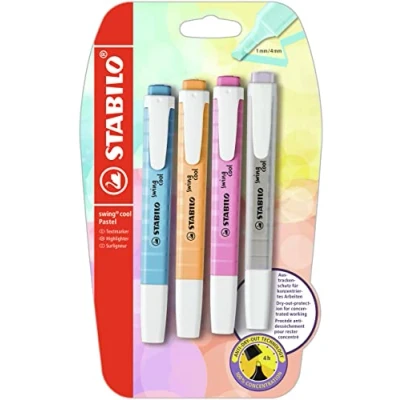 Abbildung von Textmarker STABILO swing cool Pastel 4er Pack seidengrau, frische Fuchsie, himmlisches Blau, sanftes Orange