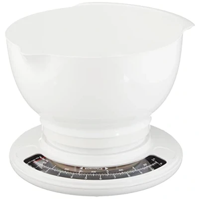 Abbildung von Soehnle Culina Pro 5 kg, analoge Küchenwaage, weiß, Gewicht bis zu kg (50 g genau), Haushaltswaage mit großer Rührschüssel, Küchenwaage retro für Kuchen und weiteres