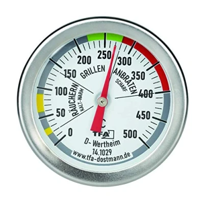 Abbildung von TFA Dostmann 141029 BBQ Thermometer, Analog, 14.1029, zur Garraumtemperaturmessung, für den Grill/Smoker, aus Edelstahl, 18/8, Silber, Ø 52 x H 67 mm