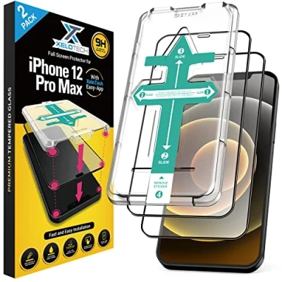 Abbildung von XeloTech 3D /4D Schutzglas für iPhone 12 PRO MAX (6.7&quot;) 2 Stück Full Cover Glas mit Applikator Schablone 9H Easy App Displayschutz aus Hartglas. Keine Plastik Folie.