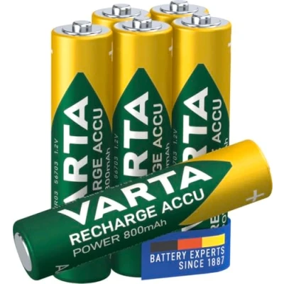 Abbildung von VARTA Batterien AAA, wiederaufladbar, 6 Stück, Recharge Accu Power, Akku, 800 mAh Ni Mh, ohne Memory Effekt, vorgeladen, sofort einsatzbereit