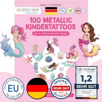 Abbildung von Papierdrachen 100 Metallic Tattoos Für Kinder Hautfreundliche Kindertattoos Sonne, Mond und Sterne Glitzer Tattoo Geburtstagsmitgebsel Jungen Mädchen in Deutschland hergestellt