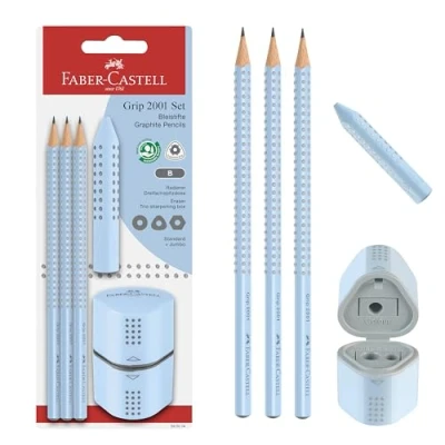 Abbildung von FABER CASTELL 580074 Bleistifte Set Grip sky blue, mit Spitzer und Radiergummi, 5 teiliges Schreibset