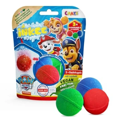 Abbildung von INKEE Paw Patrol Badebomben Kinder 3er Pack 3X Badekugeln in 3 Farben mit Jojobaöl &amp; Kirschlolli Aroma 3x50g