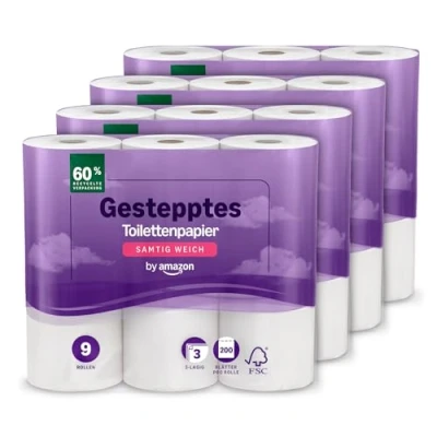 Abbildung von by Amazon Toilettenpapier, 3 lagig Gestepptes, Samtig Weich, 36 Rollen (9 Rollen, 4 er Pack), 200 Blätter pro Rolle, FSC Zertifiziert