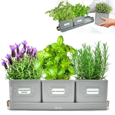 Abbildung von Green Thumbz 3 STK. Kräutertopf Kräutertöpfe für Deinen Kräutergarten und Fensterbank Innen Dekoration Basilikum Topf mit Ledergriffen &amp; Untersetzer Küchenkräuter (Holzkohlegrau)