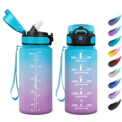 Abbildung von Trinkflasche 500ml, Wasserflasche mit Strohhalm, Sport Trinkflaschen Kohlensäure Geeignet, Zeitmarkierungen, Auslaufsicher für Schule, Junge, Mädchen, Gym, Picknick