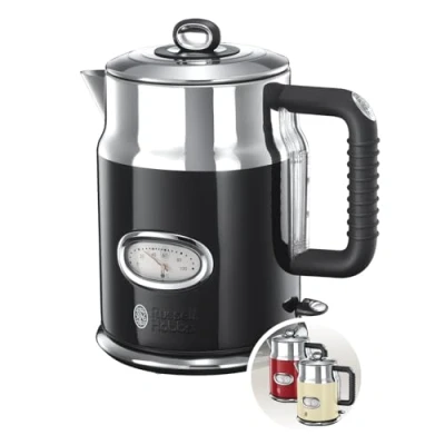 Abbildung von Russell Hobbs Wasserkocher [1,7l, 2400W] Retro Schwarz &amp; polierter Edelstahl (Schnellkochfunktion, Wassertemperaturanzeige im Retrodesign, außenliegende Wasserstandsanzeige) Vintage Teekocher 21671 70
