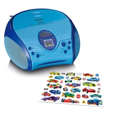 Abbildung von Lenco A004467 SCD 24 Kids CD Player für Kinder Radio mit Aufklebern Boombox UKW Radiotuner Titel Speicher 2 x 1,5 W RMS Leistung Netz und Batteriebetrieb Blau