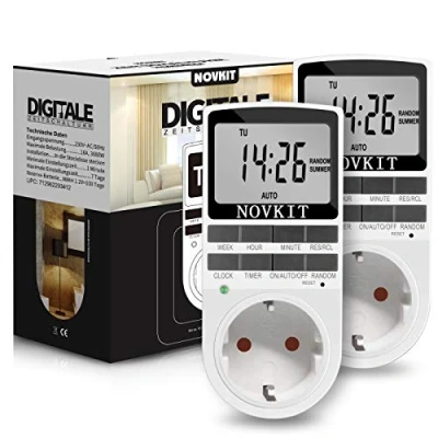 Abbildung von 2x NOVKIT digitale Zeitschaltuhr Steckdose mit 10 konfigurierbaren wöchentlichen Programme und einbruchsicheren Zufallsfunktion für Innen (230V / 16A 3680W)