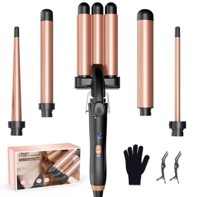 Abbildung von BESTOPE MIX Welleneisen Set 5 in 1, Lockenstab mit Verschiedenen Aufsätzen Einstellbare Temperatur Keramik Große Locken Schnellaufheizung lockenstäbe 3 Fässer für Lange/kurze Haare