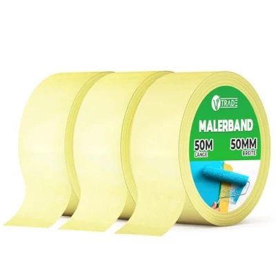 Abbildung von V1 TRADE Kreppband 50 mm x m 3 Stück Universal Malerkrepp Hilfreich beim Malen Leicht Abnehmbar Abklebeband Malerband Wasserdicht Klebeband Gelb