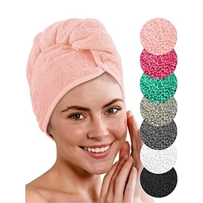 Abbildung von LAYNENBURG Premium Haarturban mit Knopf aus 100% Baumwolle Haar Handtuch inkl. 4 Haargummis für Kurze und Lange Haare Turban ist schnelltrocknend saugstark (rosa)