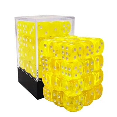 Abbildung von Bescon 12mm 6 Sided Dice 36 in Brick Box, Six Die (36) Block of Dice, Translucent Yellow with White Pips