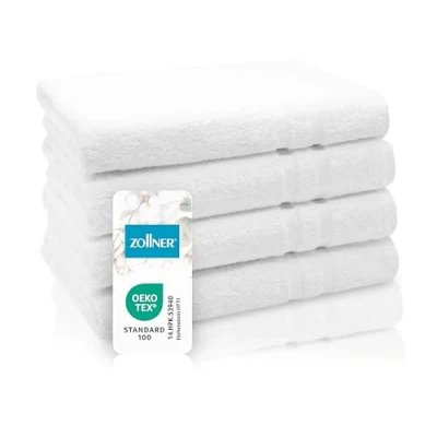 Abbildung von ZOLLNER 4er Set Duschhandtücher in 70x140 cm Flauschige Duschtücher aus Baumwolle mit moderner Streifenbordüre waschbar bis 95C praktischem Aufhänger weiß Hotelqualität