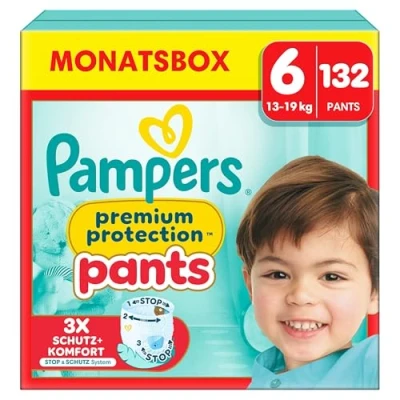 Abbildung von Pampers Baby Windeln Pants Größe 6 (15kg+) Premium Protection, Extra Large mit Stop und Schutz Täschchen, MONATSBOX, 132 Höschenwindeln