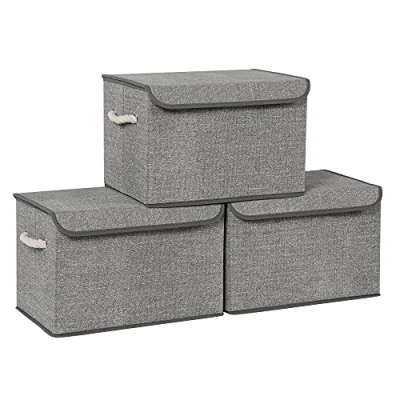 Abbildung von SONGMICS Aufbewahrungsboxen, 3er Set, Stoffboxen mit Deckel, Griffe aus Baumwolle, Leinenoptik, grau RFB013G02